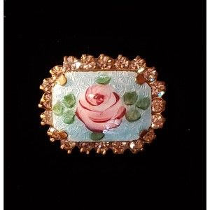 Vintage Unsigned Rose Pin, Rectangular Shape Brooch Surrounded With Rhinestones